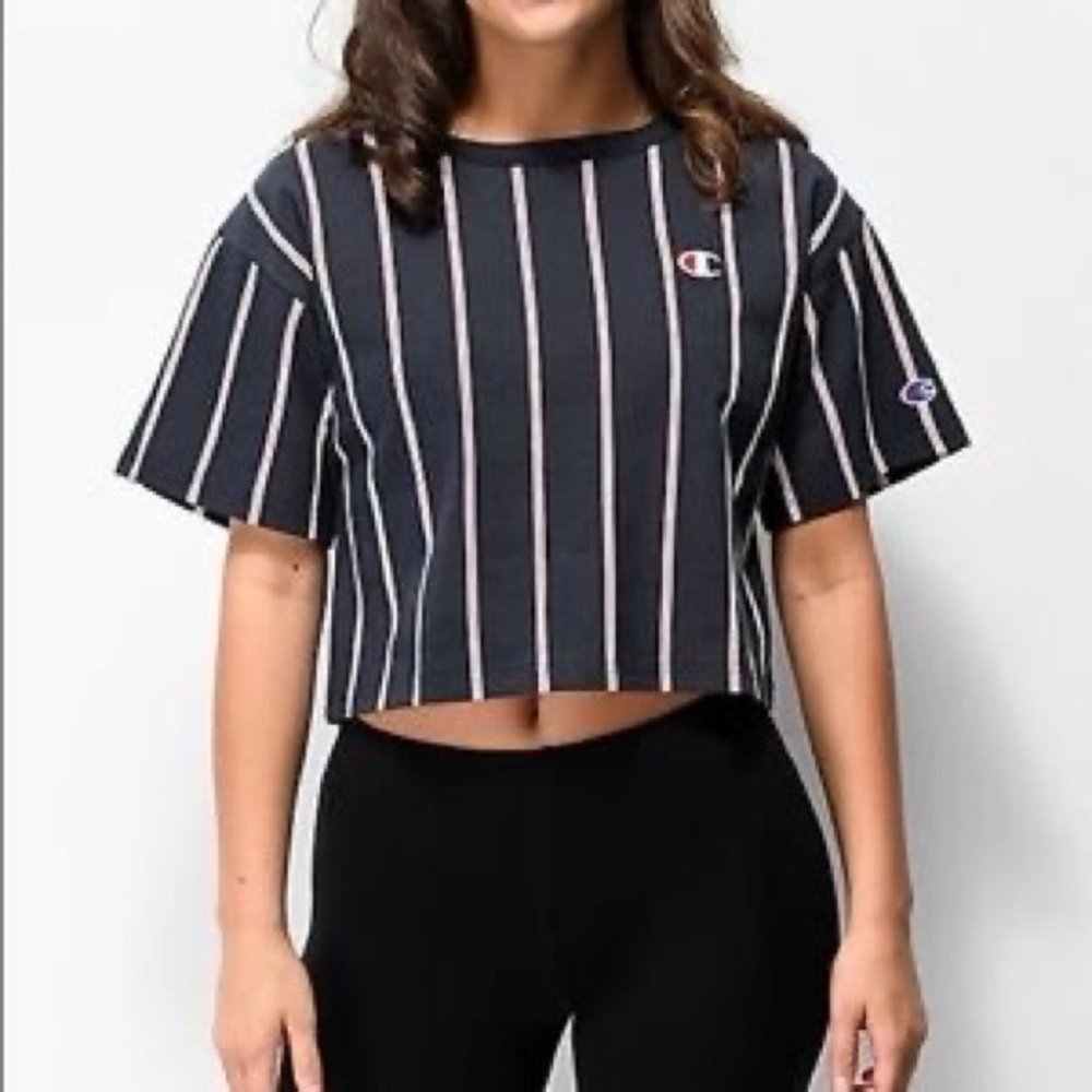 Champion Blue Striped Cropped Basic Round Neck Sh… - image 1